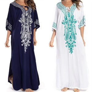 2020 Indie Folk Embroidered Short Sleeve Summer Dress Cotton Tunic Beach Kaftan Women Beachwear Swimsuit Cover Up Robe de plage