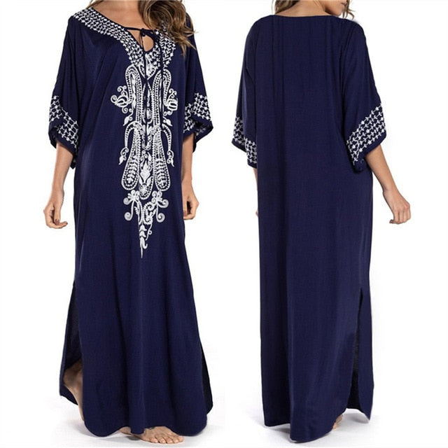 2020 Indie Folk Embroidered Short Sleeve Summer Dress Cotton Tunic Beach Kaftan Women Beachwear Swimsuit Cover Up Robe de plage