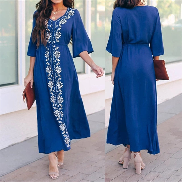 2020 Indie Folk Embroidered Short Sleeve Summer Dress Cotton Tunic Beach Kaftan Women Beachwear Swimsuit Cover Up Robe de plage