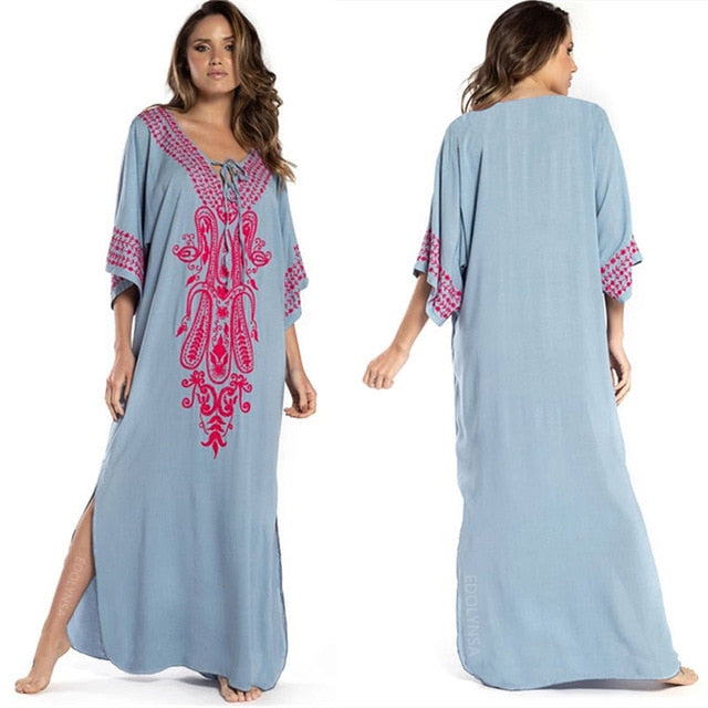 2020 Indie Folk Embroidered Short Sleeve Summer Dress Cotton Tunic Beach Kaftan Women Beachwear Swimsuit Cover Up Robe de plage