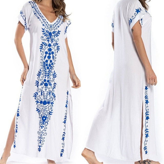 2020 Indie Folk Embroidered Short Sleeve Summer Dress Cotton Tunic Beach Kaftan Women Beachwear Swimsuit Cover Up Robe de plage