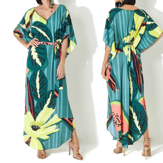 2020 Indie Folk Embroidered Short Sleeve Summer Dress Cotton Tunic Beach Kaftan Women Beachwear Swimsuit Cover Up Robe de plage