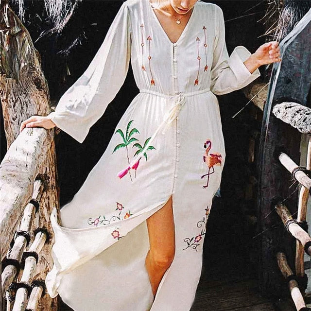 2020 Indie Folk Embroidered Short Sleeve Summer Dress Cotton Tunic Beach Kaftan Women Beachwear Swimsuit Cover Up Robe de plage