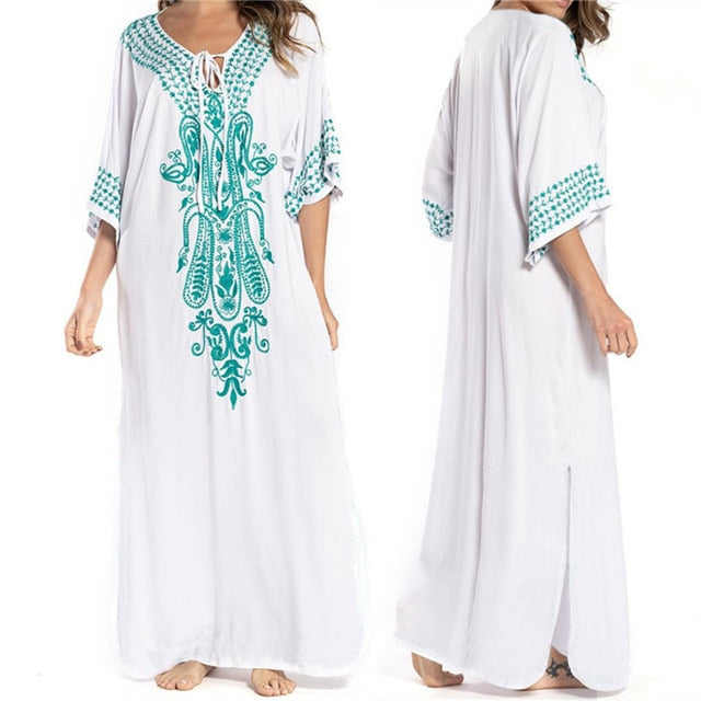 2020 Indie Folk Embroidered Short Sleeve Summer Dress Cotton Tunic Beach Kaftan Women Beachwear Swimsuit Cover Up Robe de plage