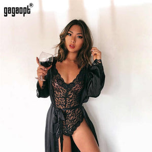 Gagaopt 2019 4 Colors Lace Bodysuit Women Deep V Neck Sexy Bodysuit White/Black Mesh Bodysuit Club Jumpsuit Overalls Sleepwear