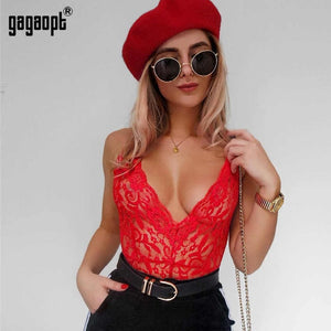 Gagaopt 2019 4 Colors Lace Bodysuit Women Deep V Neck Sexy Bodysuit White/Black Mesh Bodysuit Club Jumpsuit Overalls Sleepwear