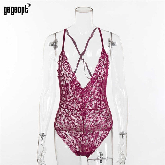 Gagaopt 2019 4 Colors Lace Bodysuit Women Deep V Neck Sexy Bodysuit White/Black Mesh Bodysuit Club Jumpsuit Overalls Sleepwear