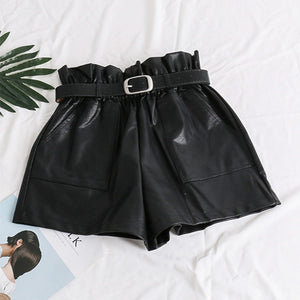 High Waist Elasticity PU Leather Shorts Women Fashion Cool Punk Sashes Short Pants Breathable Fashion Loose Elastic Waist Shorts