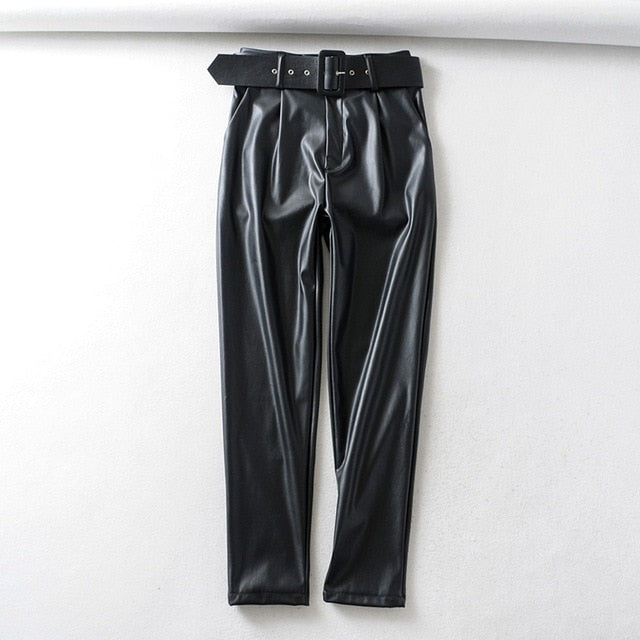 Tangada women black faux leather suit pants high waist pants sashes pockets 2019 office ladies pu leather trousers 6A05