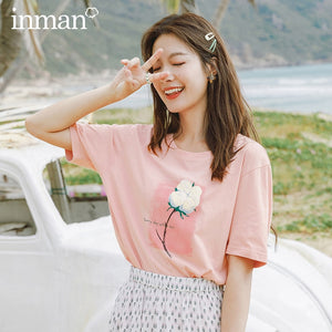 INMAN 2020 Summer New Arrival Pure Cotton Sweet Printed Loose Half Sleeve T-shirt