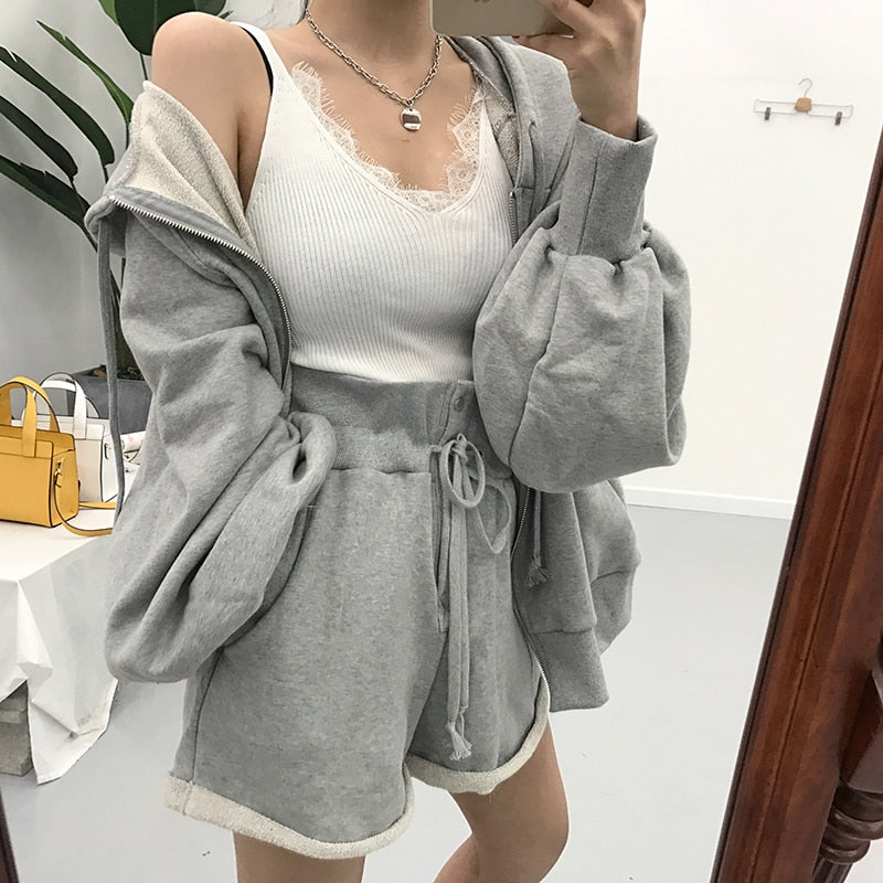 Women Autumn Cotton Solid 2two Piece Set Outfits Female Hooded Zipper Puff Sleeve Long Sweatshirts with Wide Leg Short Pants