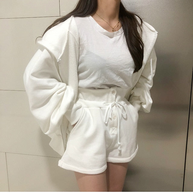 Women Autumn Cotton Solid 2two Piece Set Outfits Female Hooded Zipper Puff Sleeve Long Sweatshirts with Wide Leg Short Pants