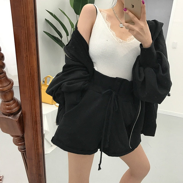 Women Autumn Cotton Solid 2two Piece Set Outfits Female Hooded Zipper Puff Sleeve Long Sweatshirts with Wide Leg Short Pants