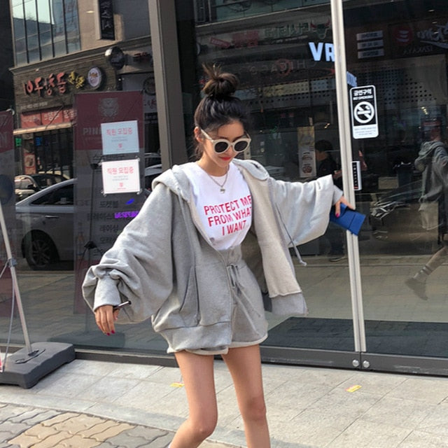 Women Autumn Cotton Solid 2two Piece Set Outfits Female Hooded Zipper Puff Sleeve Long Sweatshirts with Wide Leg Short Pants