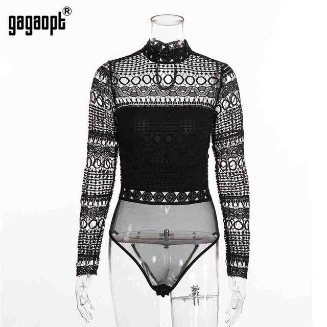 Gagaopt 2019 Autumn Lace Bodysuit Women Black Long Sleeve Sexy Bodysuit Ladies Hollow Out Bodycon Bodysuit Jumpsuit Overalls