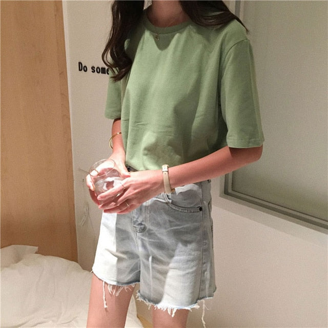 15 Solid Color Cotton T shirt Women S-XL Harajuku White Women's T-shirt Femme O-Neck Korean Summer Top Basic Tshirt Dropshipping