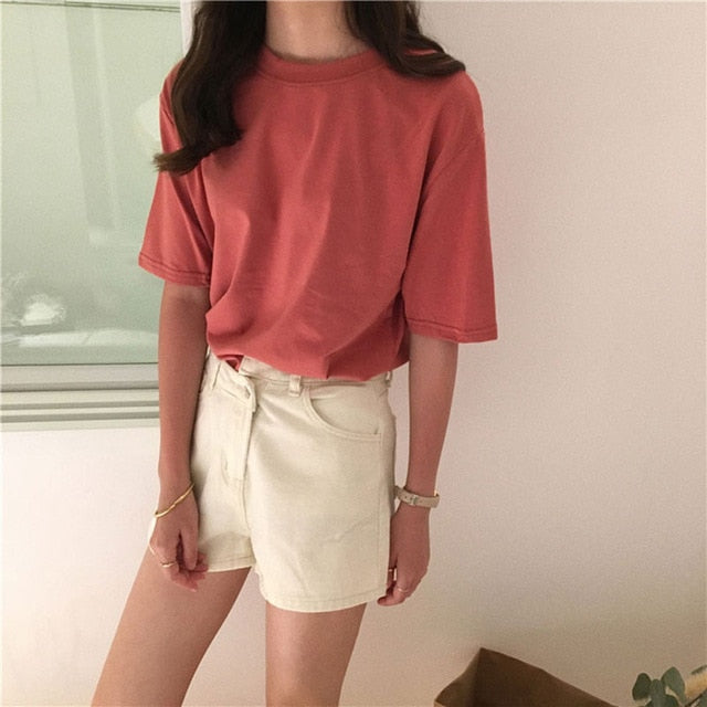 15 Solid Color Cotton T shirt Women S-XL Harajuku White Women's T-shirt Femme O-Neck Korean Summer Top Basic Tshirt Dropshipping