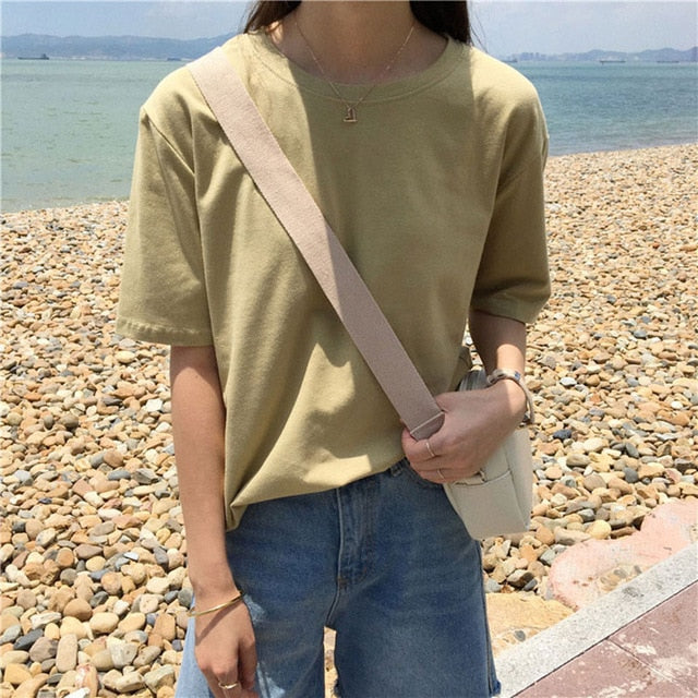 15 Solid Color Cotton T shirt Women S-XL Harajuku White Women's T-shirt Femme O-Neck Korean Summer Top Basic Tshirt Dropshipping