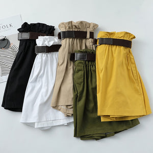 Korean Simple Solid Summer Shorts With Belt 2020 Loose High Waist Slim loose Green Shorts women Black Paperbag Shorts