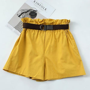 Korean Simple Solid Summer Shorts With Belt 2020 Loose High Waist Slim loose Green Shorts women Black Paperbag Shorts