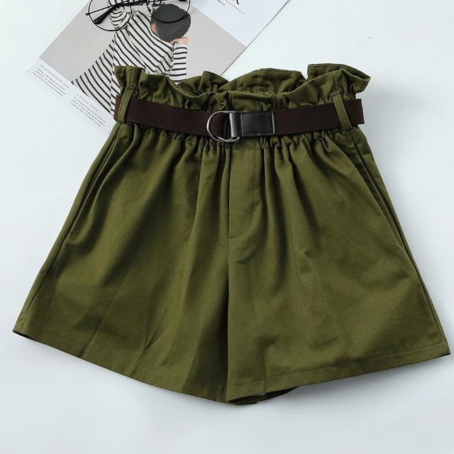 Korean Simple Solid Summer Shorts With Belt 2020 Loose High Waist Slim loose Green Shorts women Black Paperbag Shorts