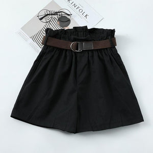 Korean Simple Solid Summer Shorts With Belt 2020 Loose High Waist Slim loose Green Shorts women Black Paperbag Shorts