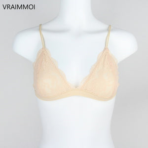 VRAIMMOI Sexy Lace Thin Triangle Bra For Women Lingerie Wireless Underwear Transparent Push Up bras Solid White/Black Bralette