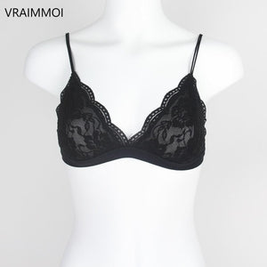 VRAIMMOI Sexy Lace Thin Triangle Bra For Women Lingerie Wireless Underwear Transparent Push Up bras Solid White/Black Bralette