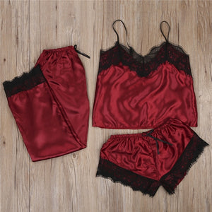 3pcs Women Satin Lace Mesh Sleepwear 9 Colors  Homewear Nightwear Pyjamas Set Female Sexy Sleepwear Outfits 2020 Hot Sale