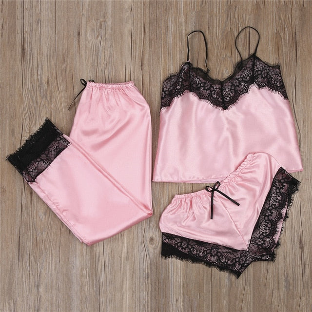 3pcs Women Satin Lace Mesh Sleepwear 9 Colors  Homewear Nightwear Pyjamas Set Female Sexy Sleepwear Outfits 2020 Hot Sale