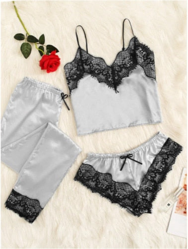 3pcs Women Satin Lace Mesh Sleepwear 9 Colors  Homewear Nightwear Pyjamas Set Female Sexy Sleepwear Outfits 2020 Hot Sale