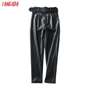 Tangada women black faux leather suit pants high waist pants sashes pockets 2019 office ladies pu leather trousers 6A05