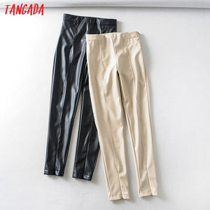 Tangada women white skinny PU leather pants stretch zipper female autumn winter pencil pants trousers 6A04