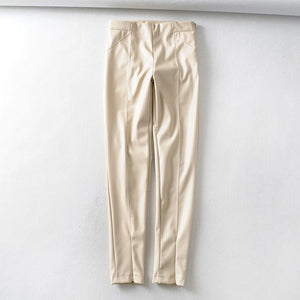 Tangada women white skinny PU leather pants stretch zipper female autumn winter pencil pants trousers 6A04