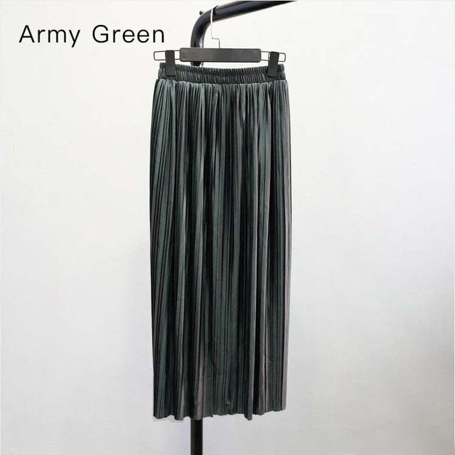 Trytree Spring Summer Pleated Skirt Womens Vintage High Waist Skirt Solid Long Skirts New Fashion Casual Metallic Skirt Female