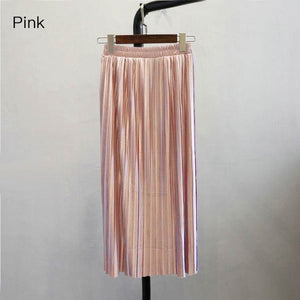 Trytree Spring Summer Pleated Skirt Womens Vintage High Waist Skirt Solid Long Skirts New Fashion Casual Metallic Skirt Female