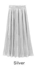 Trytree Spring Summer Pleated Skirt Womens Vintage High Waist Skirt Solid Long Skirts New Fashion Casual Metallic Skirt Female