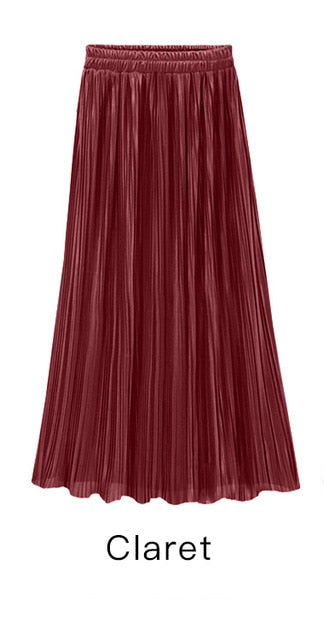 Trytree Spring Summer Pleated Skirt Womens Vintage High Waist Skirt Solid Long Skirts New Fashion Casual Metallic Skirt Female