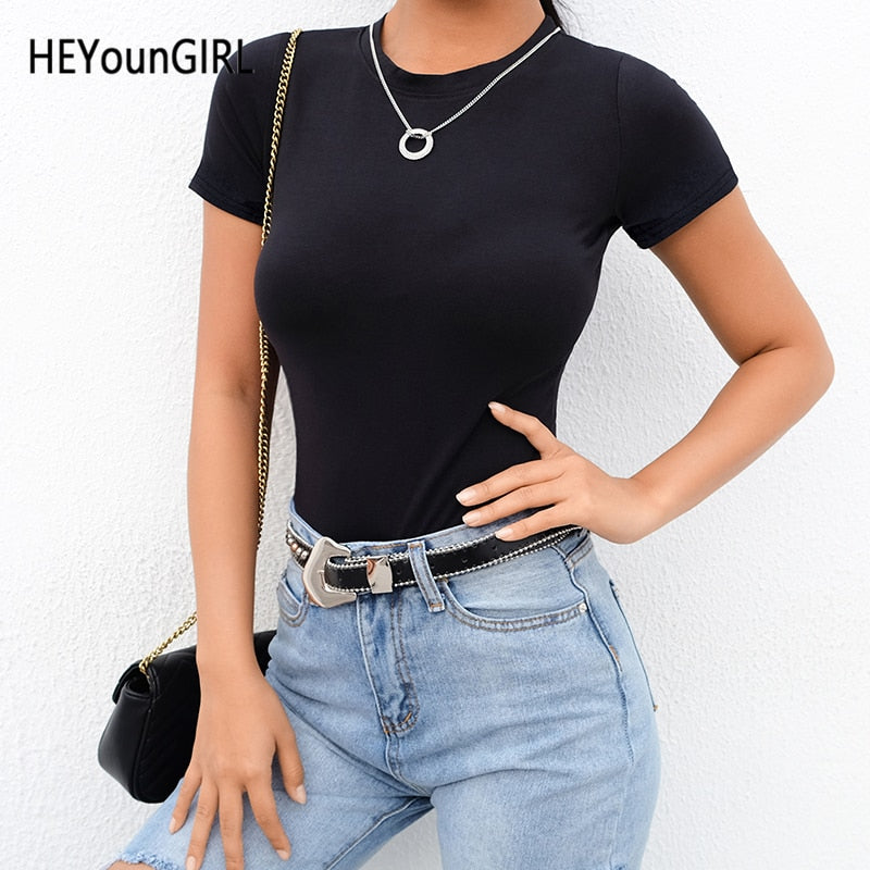 HEYounGIRL Casual Basic Black White Bodysuit Women Summer Short Sleeve Woman Body Top Cotton Bodycon Jumpsuit Romper Ladies 2020