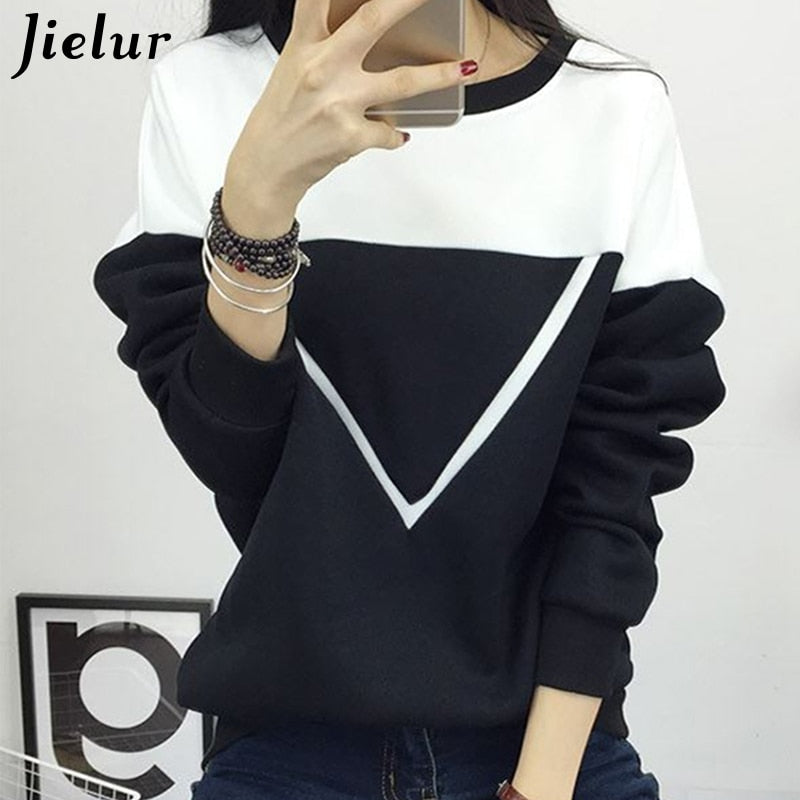 2020 Winter New Fashion Black and White Spell Color Patchwork Hoodies Women V Pattern Pullover Sweatshirt Female Tracksuit M-XXL