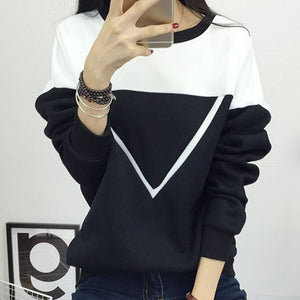 2020 Winter New Fashion Black and White Spell Color Patchwork Hoodies Women V Pattern Pullover Sweatshirt Female Tracksuit M-XXL