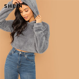 SHEIN Grey Minimalist Solid Drop Shoulder Crop Teddy Hoodie Sweatshirt Autumn Casual Fashion Women Pullovers Sweatshirts