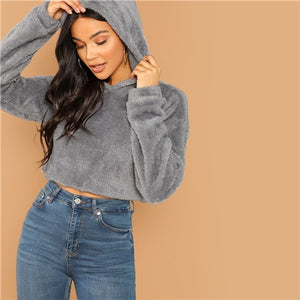 SHEIN Grey Minimalist Solid Drop Shoulder Crop Teddy Hoodie Sweatshirt Autumn Casual Fashion Women Pullovers Sweatshirts