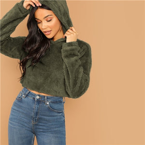 SHEIN Grey Minimalist Solid Drop Shoulder Crop Teddy Hoodie Sweatshirt Autumn Casual Fashion Women Pullovers Sweatshirts