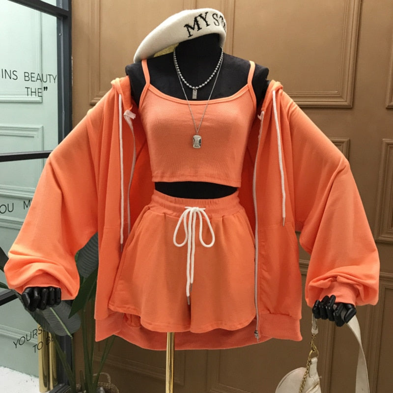 DEAT 2020 New Summer Fashion Casual Zipper Solid Long Sleeve Lace Up Hooded Sweater Coat Slim Three Piece Suit Women SB782