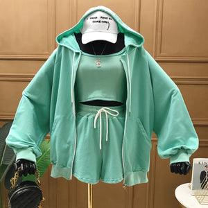 DEAT 2020 New Summer Fashion Casual Zipper Solid Long Sleeve Lace Up Hooded Sweater Coat Slim Three Piece Suit Women SB782