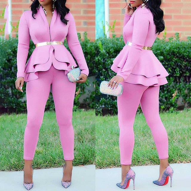 Plus Size Office Ladies Blue Pink 2 two piece set top and pants Elegant Female Casual Business matching suit sets Women clothing