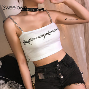 Sweetown Floral Print Strapless Sexy Crop Summer Tops For Women Fitness Activewear White Metal Chain Straps Cami Top Camisole