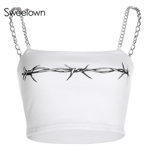 Sweetown Floral Print Strapless Sexy Crop Summer Tops For Women Fitness Activewear White Metal Chain Straps Cami Top Camisole