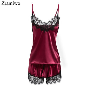 Women's Sleepwear Sexy Satin Pajama Set Black Lace V-Neck Pyjamas Sleeveless Cute Cami Top and Shorts